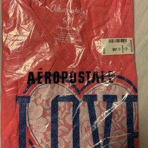 Brand New Ladies Aeropostale Pink T-shirt with Blue Glitter “Love” & Lace Heart
